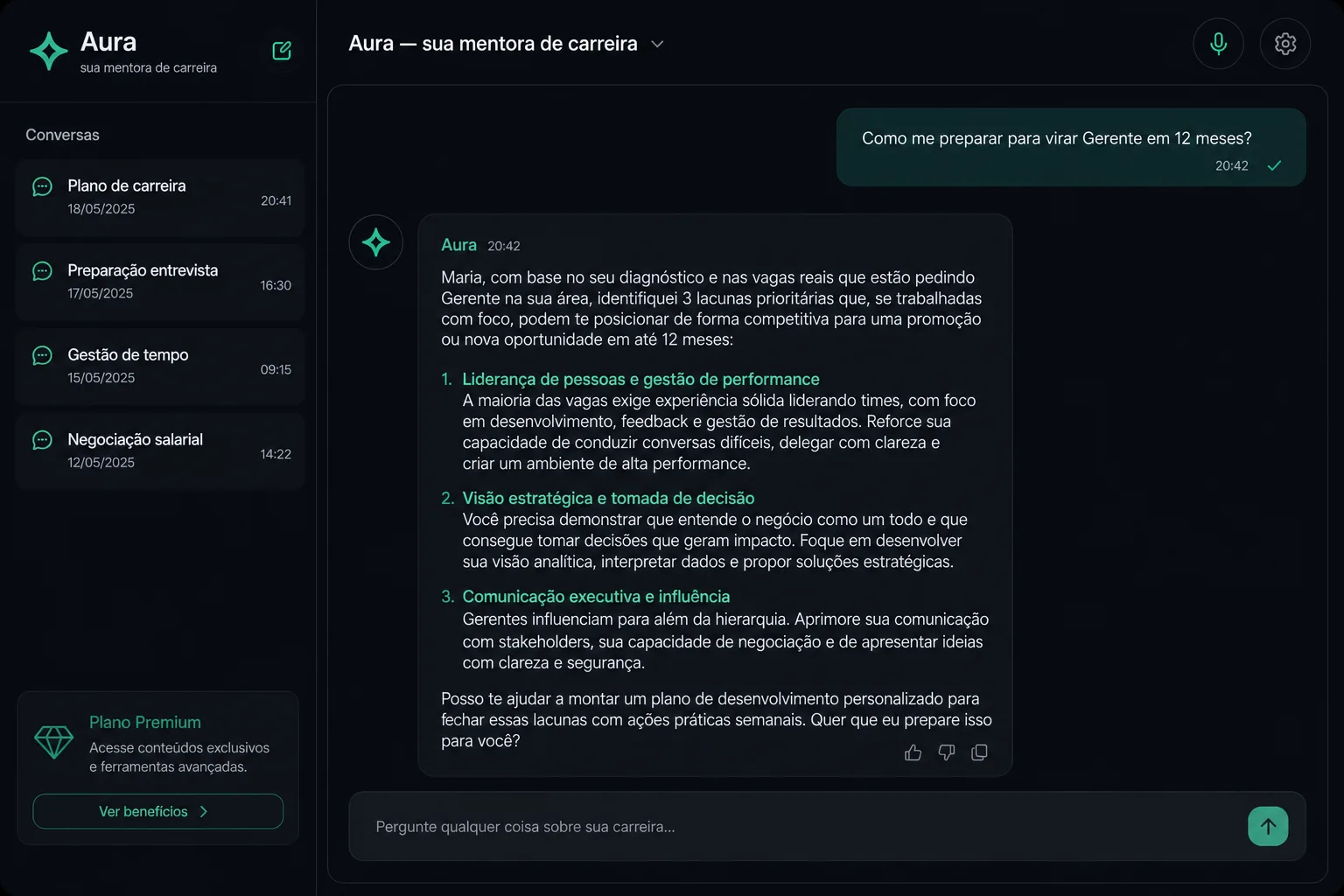 Conversa com a Aura, mentora de carreira da eleva, sugerindo próximos passos personalizados