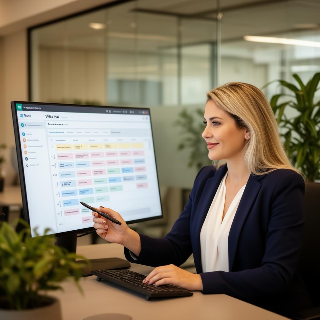 Profissional de RH analisando mapa de competências em tela digital