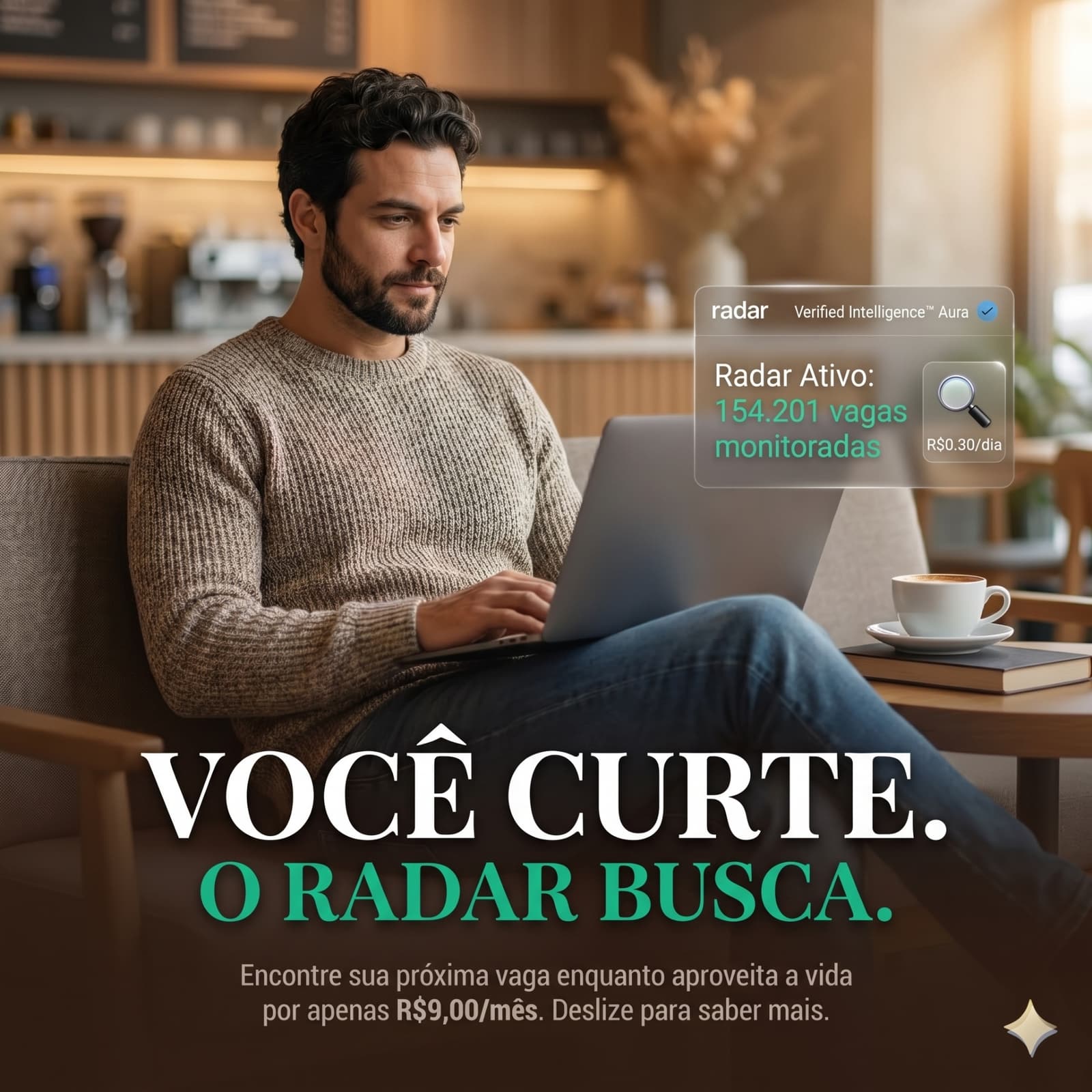 Profissional em café com notebook — você curte, o Radar busca