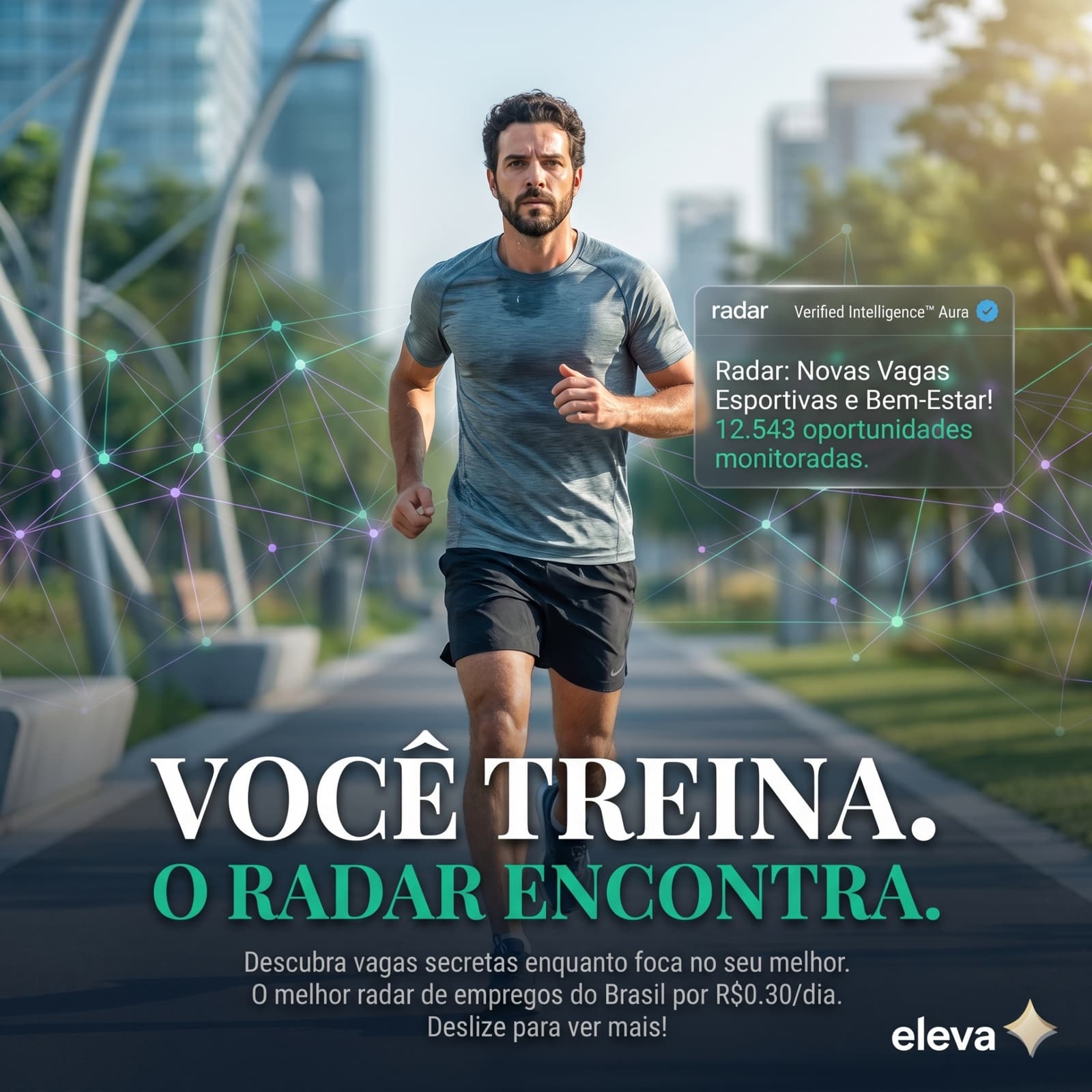 Atleta correndo ao amanhecer — você treina, o Radar encontra